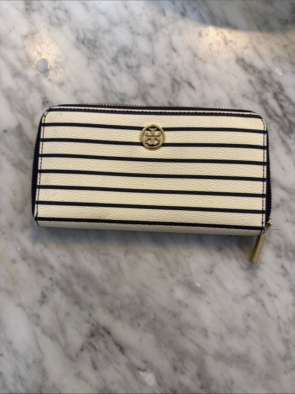 Tory Burch Cream and Navy Striped Zip Wallet with Gold Logo